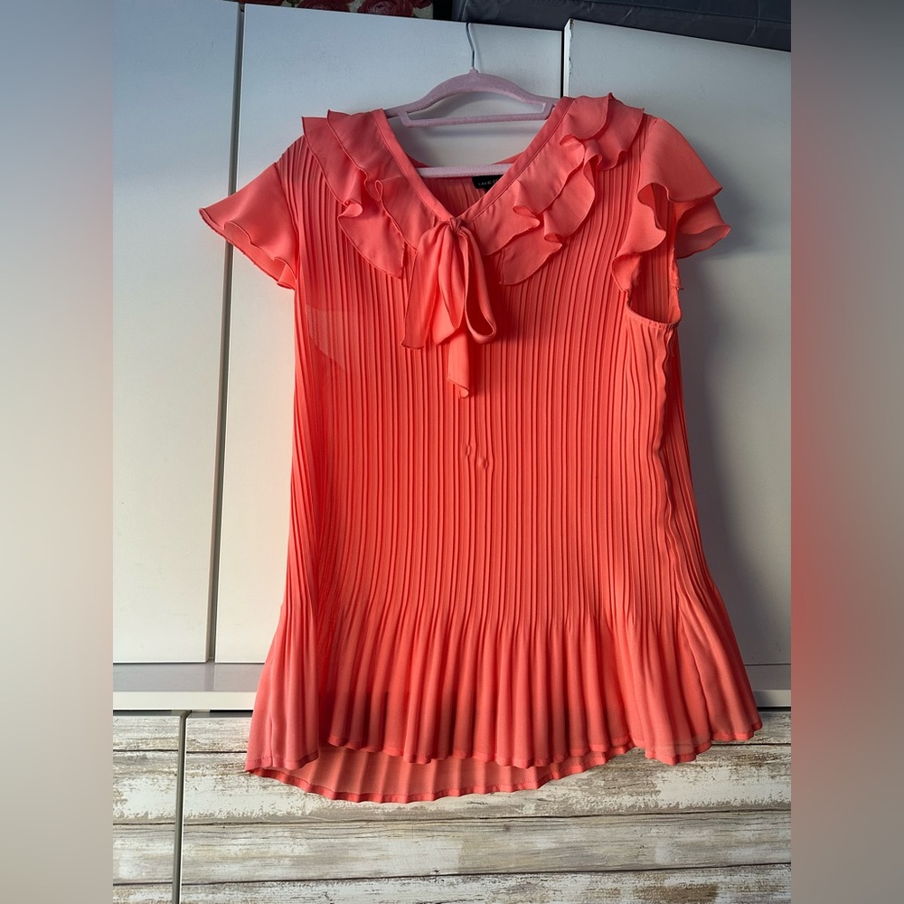 🧡 Lane Bryant Coral Pleated Ruffle Tie Neck Blouse Plus Size 18/20